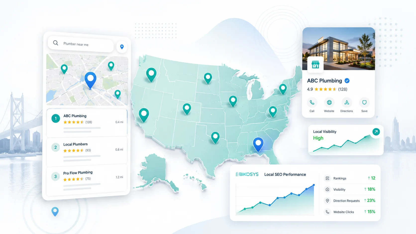 Local SEO services for US businesses showing map visibility, local search results and customer discovery