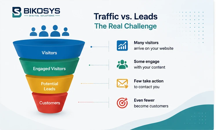 Website traffic and qualified lead generation funnel showing visitors, engaged users, leads and customers