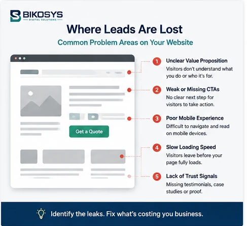 Common website lead generation problems including unclear messaging, weak calls to action, poor mobile experience, slow speed and low trust