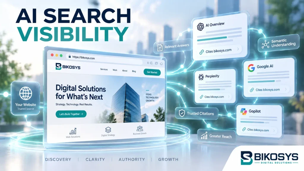 AI search visibility connecting the Bikosys website with AI-powered search platforms