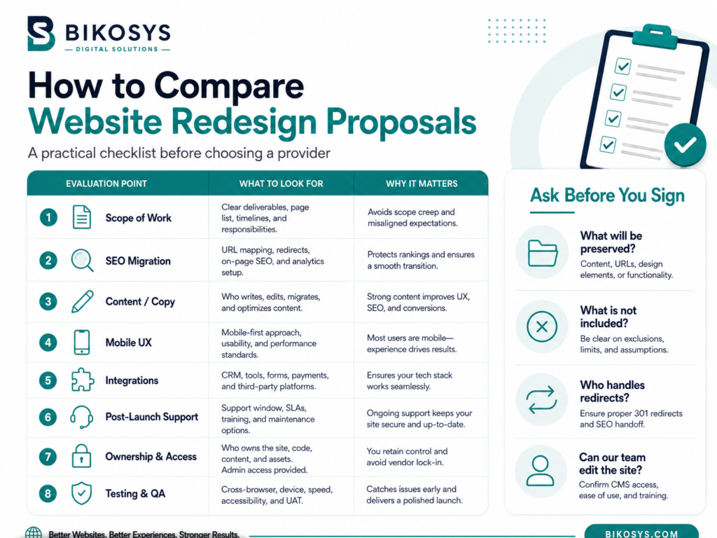 Checklist for comparing website redesign proposals including scope, SEO migration, content, mobile UX, integrations, support, ownership and testing