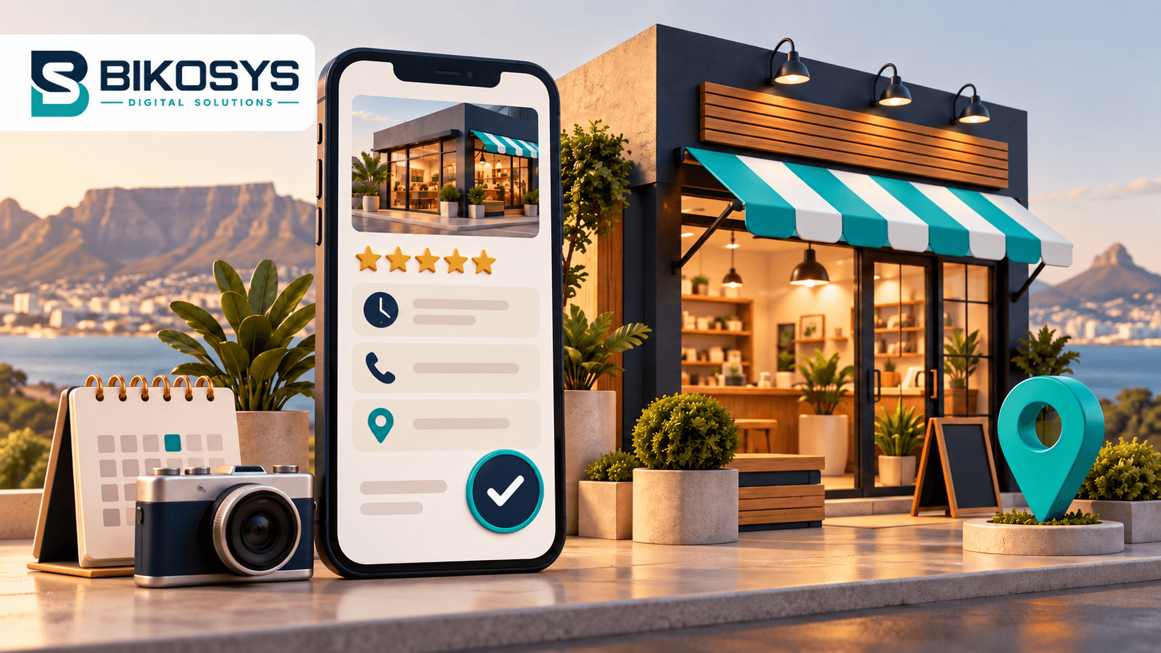 Bikosys local SEO South Africa illustration showing a complete business profile with contact details, hours, photos and reviews.