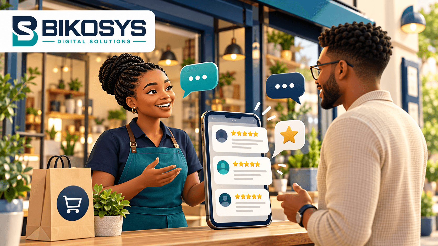 Bikosys illustration of a shop owner speaking with a customer beside a phone displaying review stars.