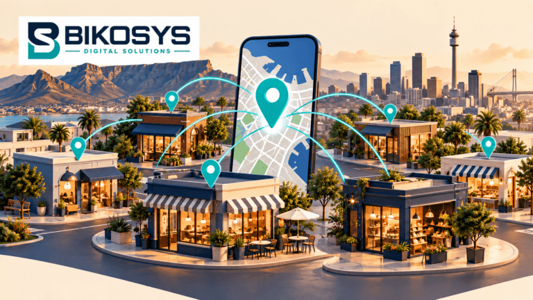 Bikosys illustration of South African shops connected to a smartphone map with teal location pins.