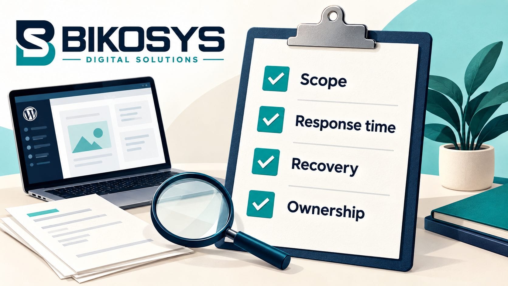 Bikosys buyer checklist for comparing scope, response time, recovery, and website ownership in WordPress care plans.