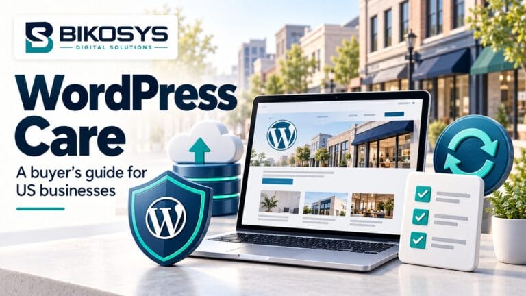 Bikosys WordPress care illustration for US businesses showing a laptop, backup cloud, security shield, and update checklist.